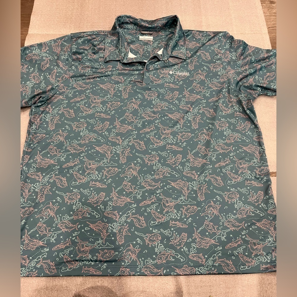 [XXL/2TG]Columbia Men's Green Fish Patterned PFG Fishing Polo Shirt